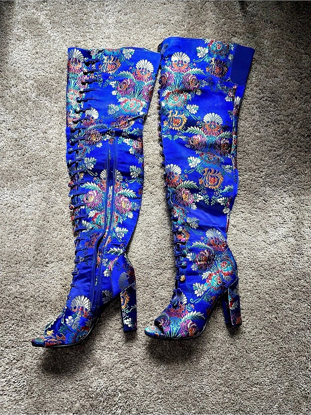 BAMBOO Floral Over-the-Knee Heeled Boots in Blue & Multicolor